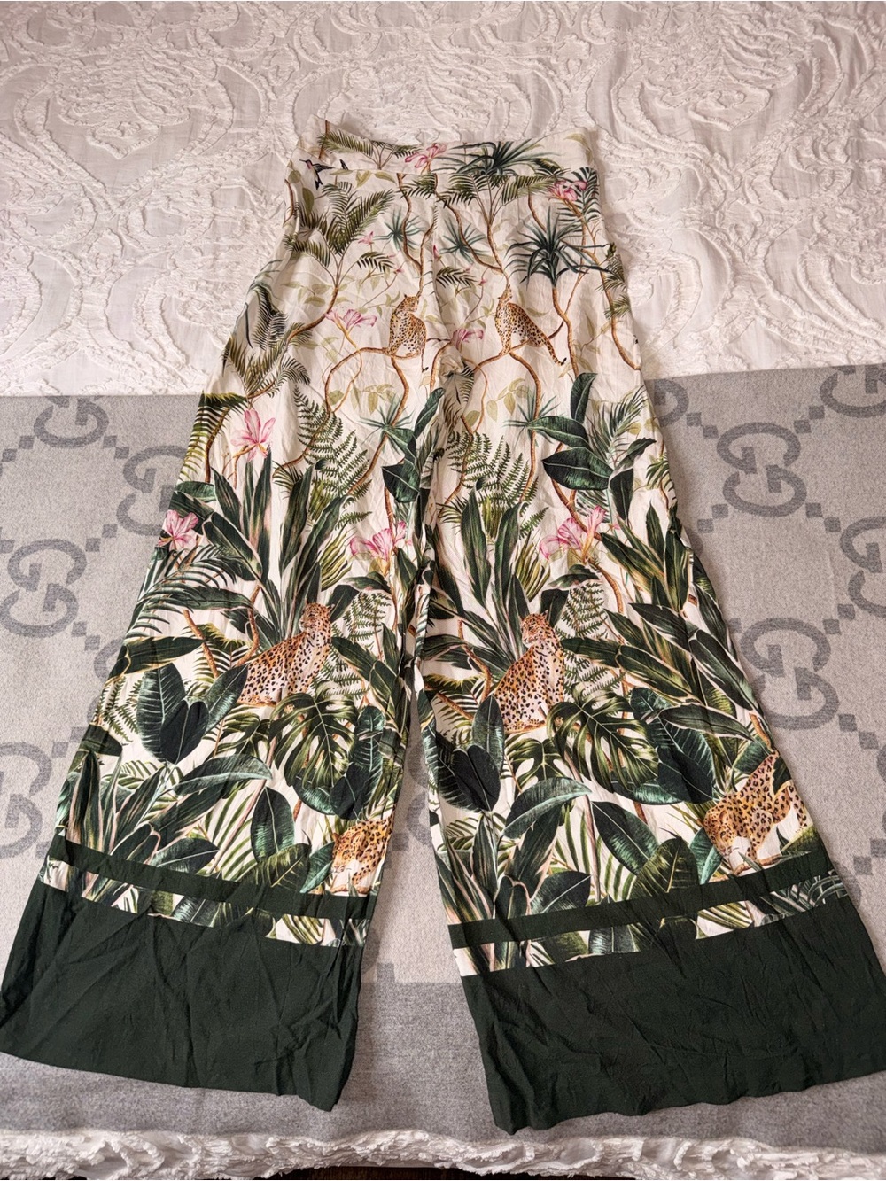 H&M Tropical Print Wide-Leg Pants - White/Green - Picture 10 of 12